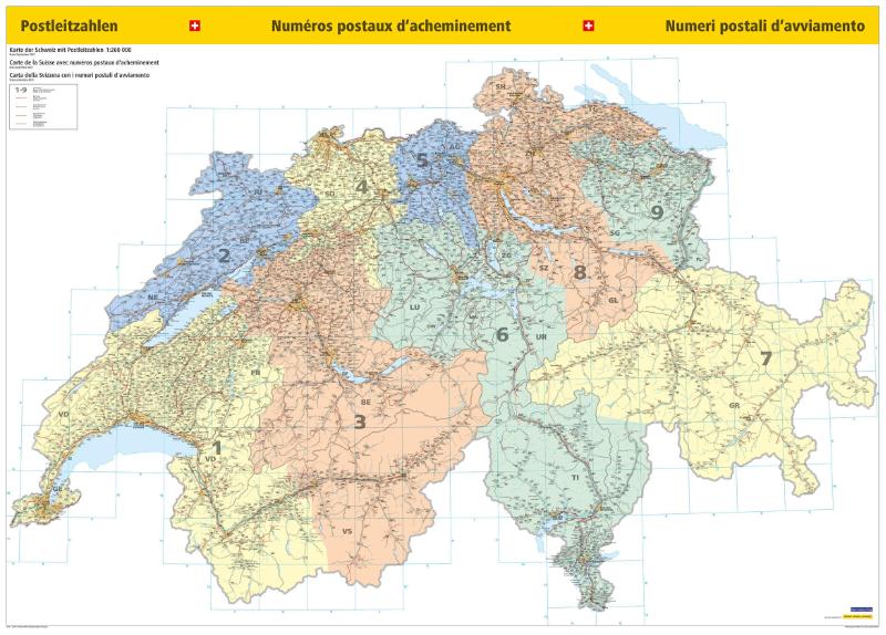 Postleitzahlenkarte Schweiz Poster 1:260 000