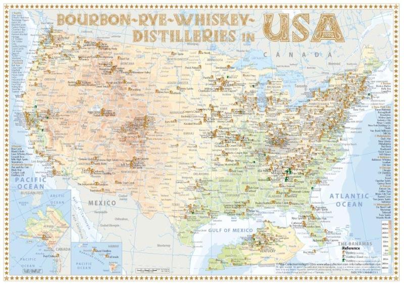 Bourbon-Rye-Whiskey Distilleries in USA - Tasting Map 34x24cm