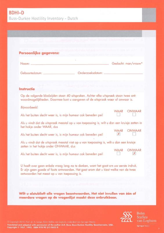 Buss-Durkee Hostility Inventory Dutch (BDHI-D) - scoreformulieren