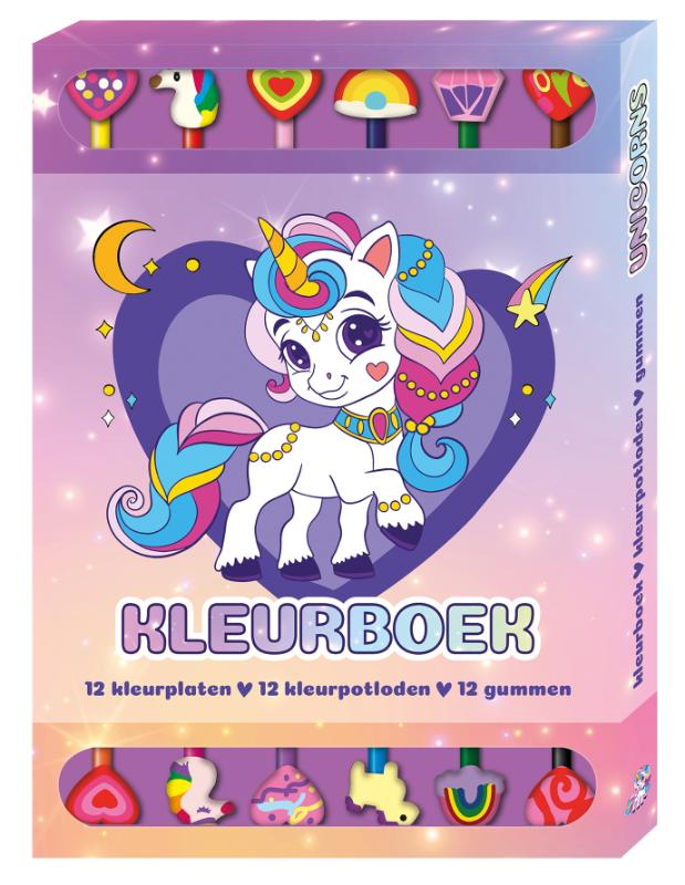 Kleurboek Box met 12 potloden en gummen - Unicorns